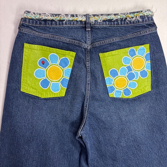Old Navy Jeans Painted Mod Retro 70s Flower Blue Green High Rise Curvy Wide Leg - Picture 7 of 12